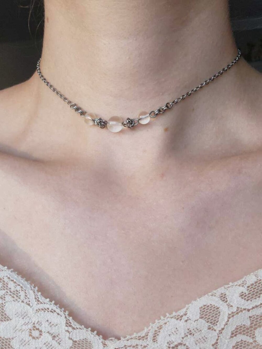 Dainty silver choker necklace with clear quartz gemstones